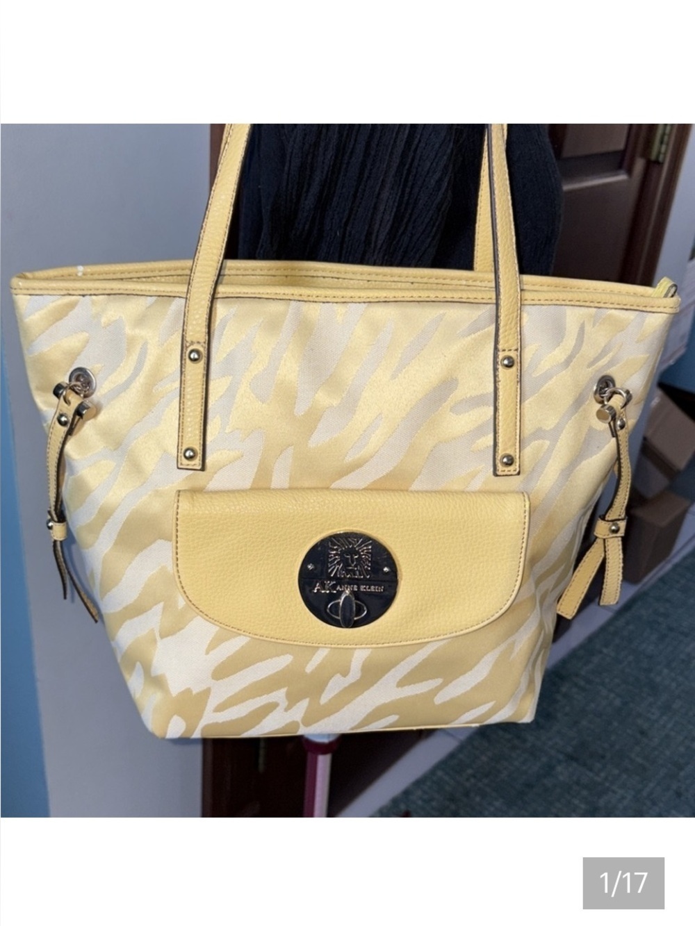 Anne Klein shoulder bag  small tote zebra pattern fabric yellow/yellow trim NWOT